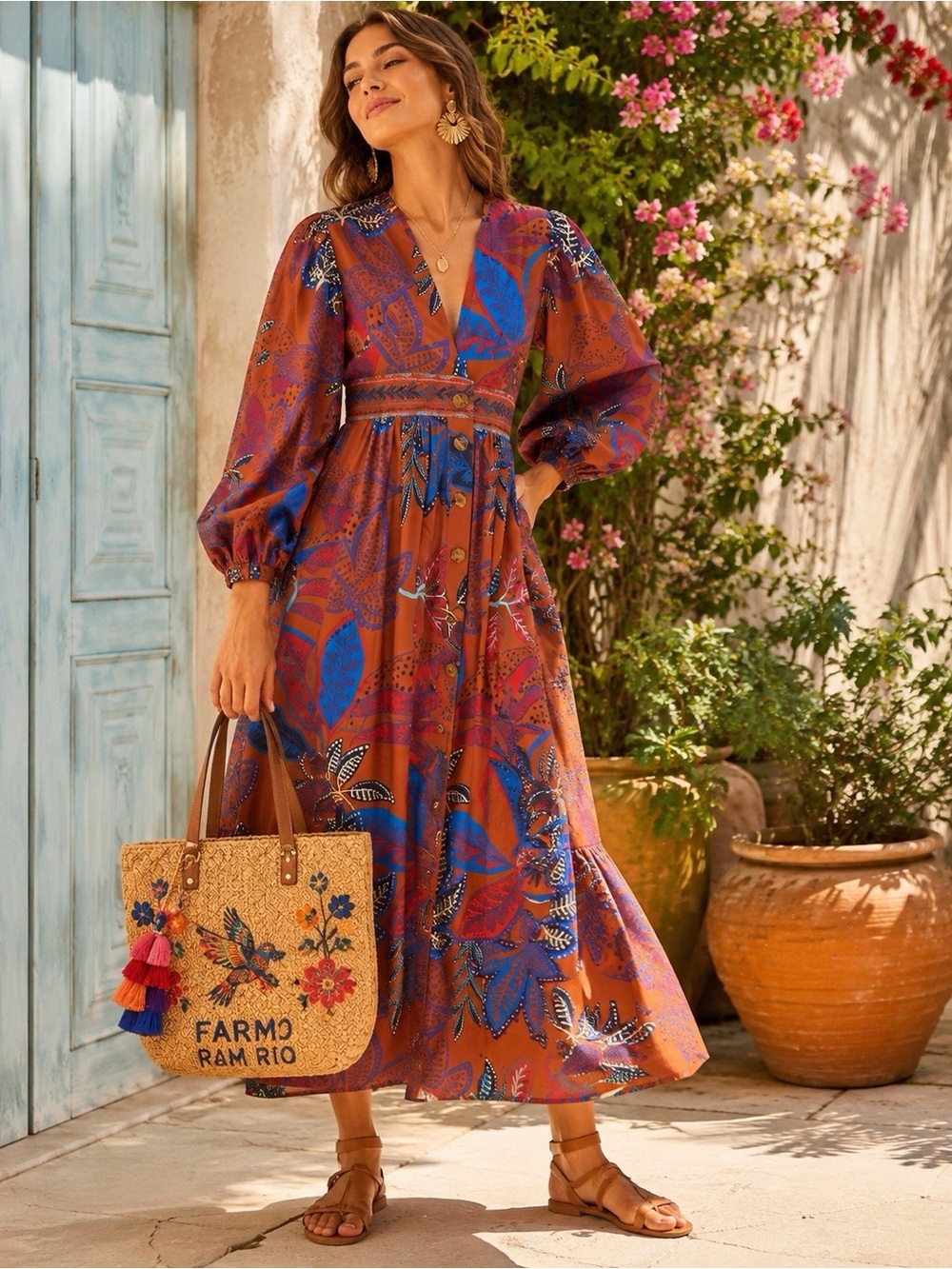 FARM Rio Printed Cotton-Poplin Midi Dress Wild Jungle Brown NWT Size Small